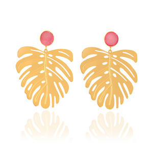 Latest Fashion Gold Plated Designer Leaf With pink Sugar Druzy Hanging Push <b>Back</b> Stud <b>Earrings</b> Plain Metal Leaf Dangle <b>Earrings</b> - Product Image 1