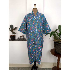 Robe Kimono Bohème en Pur Coton, Style Indien, Imprimé Floral de Luxe de Jaipur, Robe Indienne Bleue et Rouge pour la Plage - Product Image 3