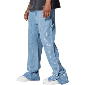 OEM gestapelte Farbe bedruckte Denim-Hose Baggy Zimmermann geteilte ausgestellte Jeans Herren