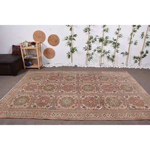 Vintage Turkish <b>Rug</b> Classic Beige Green 6.2 X 9.7 ft Patchwork <b>Boho</b> Flat Weave Wool for Living Room Jute with Latex Backing - Product Image 1
