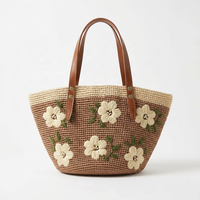 Sac fourre-tout en raphia floral, sac à main tissé avec broderie et doublure en coton, résistant à l'eau, pour la plage, les voyages et l'usage quotidien
