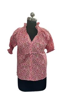 เสื้อเบลาส์100% พิมพ์ลายดอกไม้สีชมพูเสื้อท่อนบนเนื้อนุ่มแบบอินเดียดั้งเดิม - Product Image 6