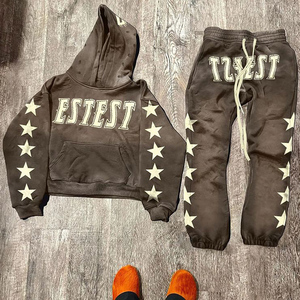ชุดวอร์มพิมพ์ลายแบบ Acid Wash ปี 2025 ผ้าฝ้ายหนา ซิปแบบรูดขึ้น ทรงขาบาน ชุดเซ็ตเสื้อฮู้ดและกางเกงวอร์มสำหรับผู้หญิง OEM เป็นมิตรกับสิ่งแวดล้อม - Product Image 3