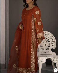 2024 Party/Wedding Beautiful Orange Raw Silk Kurta Pant & Dupatta Dress with Elegant Zari Embroidery & Lace Decoration - Product Image 1