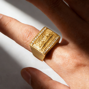 Bague en Acier Titane Plaqué Or 18K, Dernière Cène, Judas, Treize Apôtres, Bague Tendance pour Homme, <span class=keywords><strong>Relief</strong></span> Zirconia, Anti-ternissement - Product Image 1
