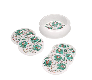 Ensemble de sous-verres ronds en marbre blanc de luxe avec support, orné de pierres de coquillage incrustées, disponible à prix de gros - Product Image 1