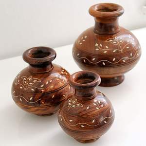 Matka & Handi en bois fabriqués à la main, Pot de fleur en bois Matka Vase en bois, Pot de Matka d'eau Himachal en bois antique - Product Image 3