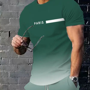 Men's Color Design Full-Print Solid Short Sleeve Extended Pants Two-Piece Set Casual Outdoor Sports Comfortable 100% Cotton - Product Image 5