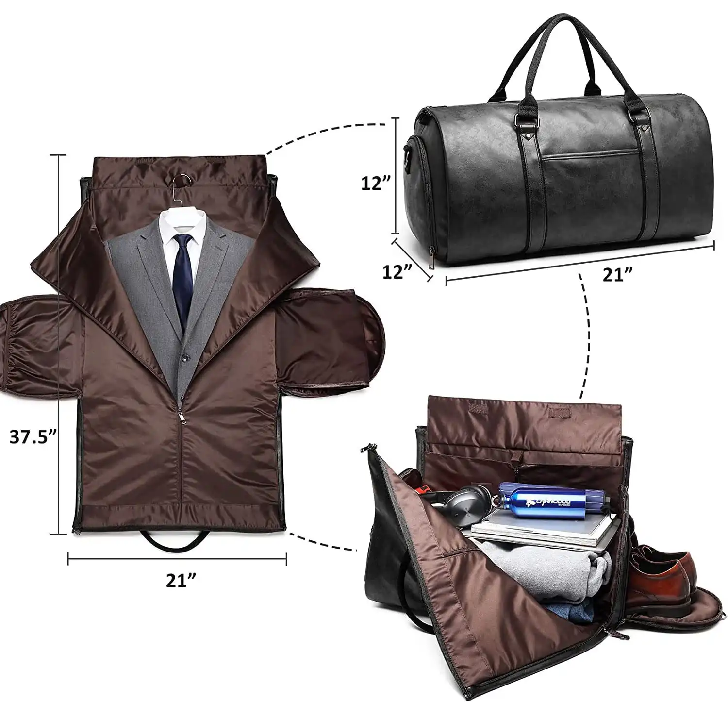 วินเทจสีน้ำตาลสีดำเสื้อผ้ากระเป๋าสำหรับการเดินทางหนัง Duffle กระเป๋าแปลงบุรุษสูทกระเป๋าเดินทางที่มีช่องใส่รองเท้า