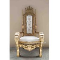 Roi Éléphant Antique Sculpté Haut Dossier Tufté Bois Trône Chaises Or Blanc Élégant Traditionnel pour Salon Mariage Maison