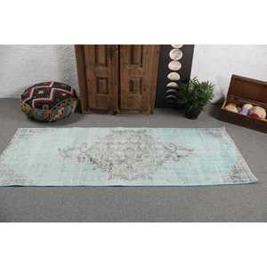 Alfombra Turca de 2.7x7.5 pies, Alfombra Vintage, Alfombra de Lana a Rayas Azul Gris - Product Image 3