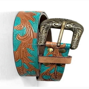 Ceinture d'outillage en cuir occidental en relief à la feuille d'Aqua sculptée à la main de luxe pour hommes et femmes avec boucle ardillon en laiton gravé floral - Product Image 5