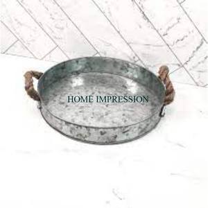 Newest Design Round Shaped Metal Galvanized Tray With Rope Handle <b>Food</b> Safe Galvanized Serving Tray Farmhouse Decoration Tray - Product Image 1