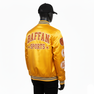 Chaqueta de Satén Premium, Tela Lisa y Brillante, Color Dorado, Diseño de Paneles Acanalados, Chaqueta con Logotipo Bordado Personalizado para Hombre - Product Image 4