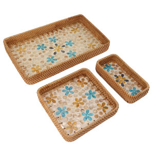 Handmade Round Rattan Serving Tray Mother Pearl Inlay Floral Handles Elegant Home Decorative Wicker <b>Coffee</b> <b>Table</b> for Catering - Product Image 4