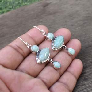 Fait à la main 100% naturel Amazonite pierres précieuses 925 argent Sterling boucles d'oreilles marquise forme femmes mode cadeau d'anniversaire - Product Image 6