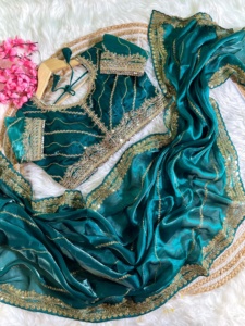 Sari de seda suave y pura de diseñador, hermosa secuencia de bordado, borde de trabajo para bodas indias pakistaníes, fiestas, ropa India - Product Image 6