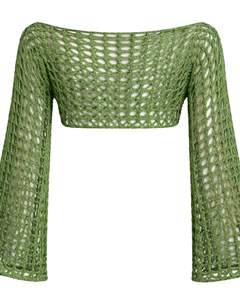 Customized Womens Green <b>Crochet</b> Knit Cropped Sweater Open Weave Design Off Shoulder Look Long Flare Sleeves Stylish Fashion <b>Top</b> - Product Image 5