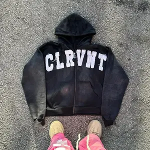 Sweats à capuche personnalisés en coton délavés au soleil Fabricant de sweats à capuche thermiques avec fermeture à glissière brodés et appliqués à imprimé court pour hommes - Product Image 3