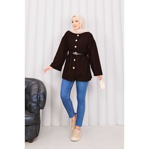 Manteau en cachemire vintage boutonné doré pour femme, taille XS, imprimé café, long, taille froncée, pour bureau, en laine et fourrure vintage, idéal hiver-printemps - Product Image 4