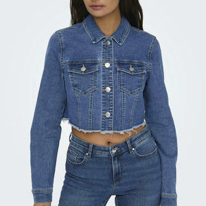 Chaquetas vaqueras recortadas informales lavadas a la moda para mujer Chaqueta corta vaquera lavada de manga larga de algodón 100% para mujer - Product Image 3