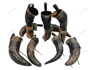 Corne à boire de style viking, corne de bœuf naturelle finie, avec support de corne, sangle en cuir et bordures en laiton, prix d'usine - Product Image 3