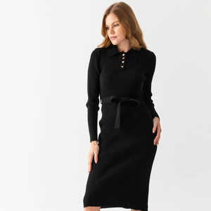 ชุดเดรสผ้าลูกฟูกสำหรับผู้หญิง, ชุดเดรสแขนเสื้อถักคอโปโลสวมใส่สบายมีสไตล์ตกแต่งลายรอบเอวธรรมชาติ - Product Image 1