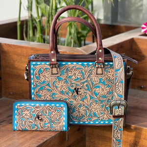 New Real Hand <b>Tooled</b> Floral Turquoise Print Leather <b>Tote</b> <b>Bag</b> New Western Stylish <b>Tooled</b> Leather Hot Turquoise Clutch Combo Set - Product Image 1