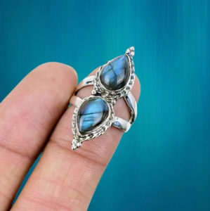 Anillo de bodas de plata 925 hecho a mano con piedras preciosas de labradorita natural, anillo de dos piedras, regalos para anillo de amor, venta al por mayor - Product Image 3