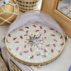 Round mosaic pearl shell inlay tray with folding <b>cover</b> net MOP <b>food</b> dome <b>mesh</b> for covering dishes - Product Image 2