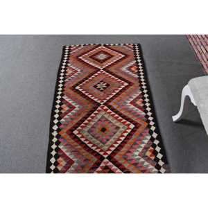 2.7x10.6 ft Vintage Kilim Rug, <b>Red</b> Floral Turkish <b>Wool</b> Rug - Product Image 4