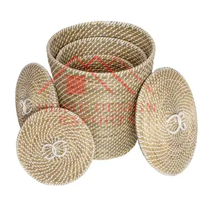 Cestino portaoggetti decorativo di alta qualità con coperchi per bucato sgabello portaoggetti in Rattan puro al 100% fatto a mano per la casa