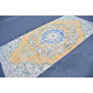Tapis en laine turque vintage 4.4 'x 9' tissage plat classique en jaune et bleu pour décorations de salon ou de couloir - Product Image 2