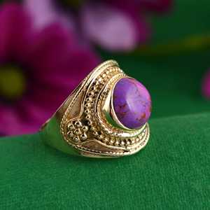 Boho Purple <b>Turquoise</b> Brass <b>Ring</b> 18K Gold Plated Vintage Tribal Wholesale <b>Ring</b> For Women - Product Image 2
