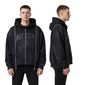 Sweat-shirts à capuche zippés pour hommes, coupe courte et ample, en molleton bouclette français de luxe, grammage lourd 400-500 g/m², épaules tombantes, qualité supérieure, de fabricants. - Product Image 3