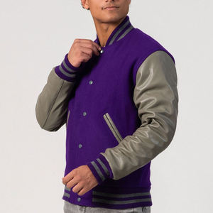 Mens Varsity <b>Jacket</b> Purple and Grey Custom Letterman Baseball Bomber College <b>Jacket</b> with PU <b>Leather</b> Sleeves OEM Manufacturer - Product Image 4