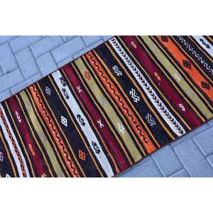 Vintage Kilim Rug 2.1x8.4 ft, <b>Red</b> Black Bordered <b>Wool</b> Turkish Rug - Product Image 5