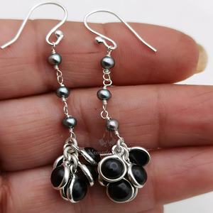 925 Sterling Silver Dangle <b>Earrings</b> Handmade Flower-Shaped Freshwater <b>Grey</b> <b>Pearl</b> and Black Onyx Unique Jewelry - Product Image 1