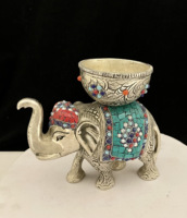 Cendrier éléphant en argent antique avec bol, design vintage, pierres incrustées, cadeaux de pendaison de crémaillère, argent allemand