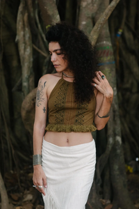 Tribal 'Cacao' <b>Crop</b> <b>Top</b> 100% Cotton Hand Block Printed Halter Collar Knitted Casual Short Length with <b>Fringes</b> - Product Image 6