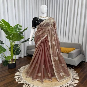 Sari VASTRA COTTAGE Fendy de seda con bordado de hilo, diseño de diseñador, para fiestas, bodas, sari étnico con blusa de seda mono benglori - Product Image 5