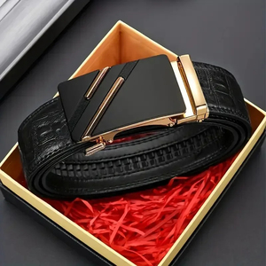 Genuine Leather Formal <b>Belt</b> Cow Hide Solid Black Geometric Box Frame Buckle Alloy Men's Dress <b>Belt</b> - Product Image 3
