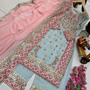 ชุดสلوارผ้าจอร์เจียต์เทียมปักลายลูกปัดสำหรับงานปาร์ตี้และเทศกาล ดีไซน์ล่าสุดจาก Fab Zone คุณภาพสูง - Product Image 1