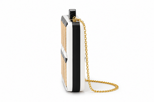 Pochette de soirée élégante en bois et résine, motif géométrique noir et blanc, fabriquée à la main, avec chaîne dorée - Product Image 6
