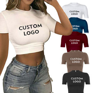 Femmes blanc décontracté haut court T-Shirts Sexy basique chemises courtes Logo personnalisé impression numérique solide motif Jersey uni teint - Product Image 1