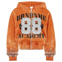 Sudadera con capucha para mujer, personalizada con logo estampado de pedrería y bordado, de forro polar transpirable, oversize, con bajo sin rematar, lavado ácido regular y lavado a la piedra, con cremallera