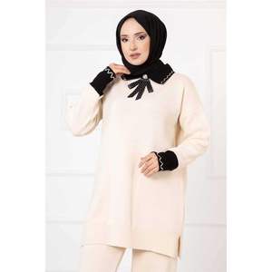 Noeud détaillé 2 pièces écru ensemble col asymétrique tissé été décontracté hauts et shorts tailles XS à XL - Product Image 1