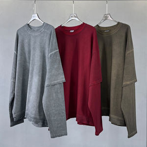 Streetwear personnalisé sérigraphie lavé usé à manches longues double couche T-shirt hommes semblables deux pièces Hip Hop T-shirt pour hommes - Product Image 2