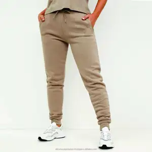 Özel Logo kadın ter ter dipleri % 65% pamuk % 35% Polyester yumuşak Jersey kumaş nervürlü manşetleri temeli boy Jogger Taupe Pan