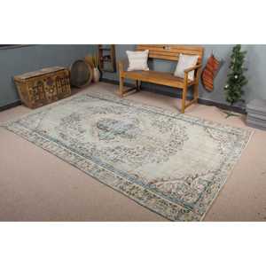 Alfombra Vintage de 5.9x9.7 pies, Alfombra Turca de Lana con Diseño Floral Azul y Blanco - Product Image 1